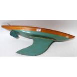 Bowman wooden yacht hull, polished deck, turquoise below water line, 24" long, with rudder but no
