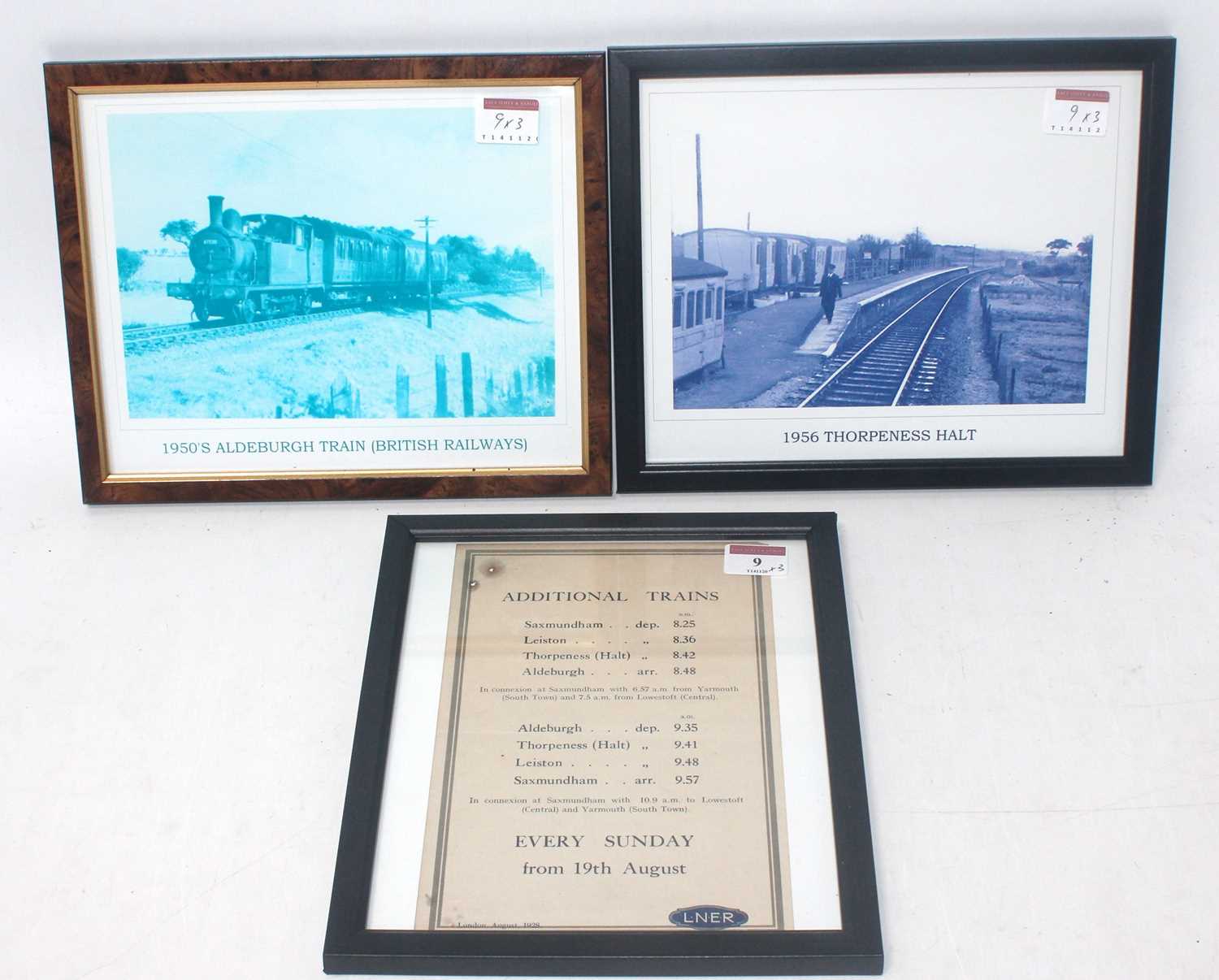 Framed and glazed handbill LNER 'Additional Trains' Aldeburgh branch August 1928 and 2x railway