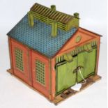 Hornby 1928-33 engine shed with yellow-cream base, yellow ridge tiles, inside of doors printed -