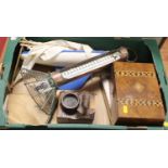 A box of miscellaneous items, to include a Swiss carved softwood music box, a painted pond yacht,