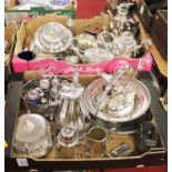 Three boxes containing a collection of silver plated wares, to include a four piece tea and coffee