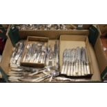 A box of miscellaneous of mother pearl handled silver plated cutlery