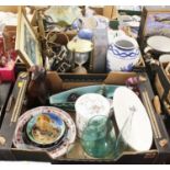 Three boxes containing various glassware, metalware and ceramics