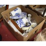 A box of miscellaneous china to include blue & white jug, various glass ware etc