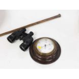 A 20th century oak cased aneroid wall barometer, dia 21cm, together with a pair of binoculars and