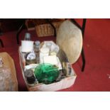 A box containing miscellaneous items to include:- a miners lamp, glassware, ceramics and a marble