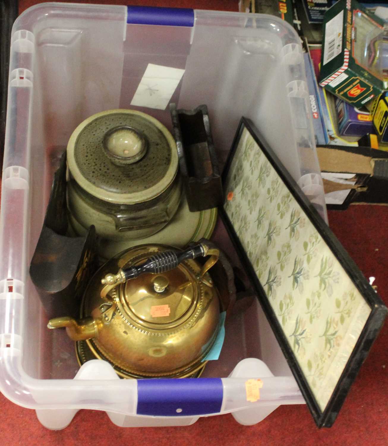 A collection of various items, to include an early 20th century brass kettle on stand, stoneware and