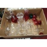 Assorted Victorian and later glassware to include cranberry glass carafe and stopper, one other,