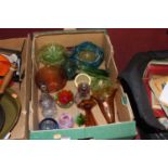 A box of miscellaneous glassware, to include Caithness 'moondrop' paperweight, art glass bowl etc