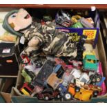 A box of assorted loose and playworn diecast and other toy vehicles to include Dinky Toys US Jeep,