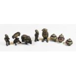 Five various Eastern bronze miniature figures and three Chinese cloisonne enamels (8)