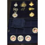 A cased set of five various 20th century pocket watches, together with a part set of proof coins