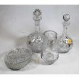 A pair of Victorian decanters, an Edingburgh crystal vase and three glass coasters