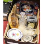 A box of various items to include a Regency triple necked hobnail cut glass decanter and an 18th