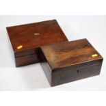 A Victorian rosewood box, with boxwood stringing, w.25cm; together with a Victorian mahogany box (