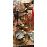 A collection of brass and copper ware, to include a 19th century brass and iron trivet