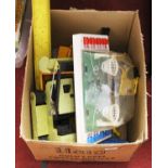 A box of miscellaneous childrens toys and games, to include Tonka forklift truck