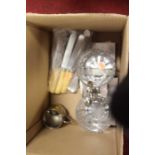 A box of miscellaneous items to include Valiant EPNS Priestly & Moore bullet shaped sugar sifter,