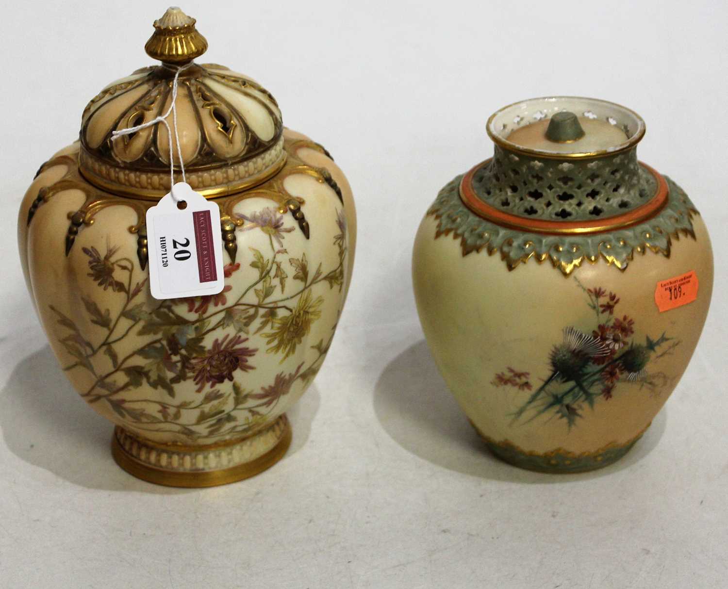 A circa 1900 Royal Worcester blush ivory pot pourri jar and cover, of squat melon form, having