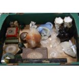 A box of miscellaneous items to include a pair of floral encrusted porcelain cornucopia shaped vases