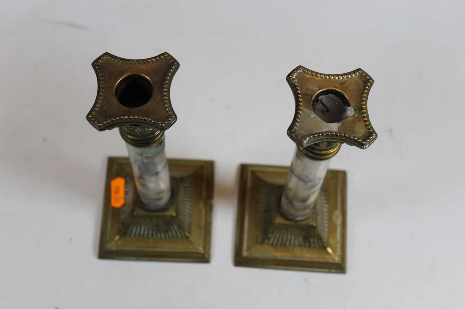 A pair of brass and veined marble candlesticks, in the form of Corinthian columns, each h.21cm - Image 2 of 3