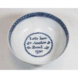 An 18th century English pearlware bowl, the interior with the motto 'Let's have Another Bowl' and