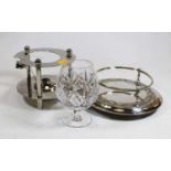 A silver plated brandy warmer; together with a cut glass brandy glass; and a silver plated bottle