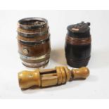 A small early 20th century oak barrel with silver plated band and spigot, h.17cm (cover broken); a