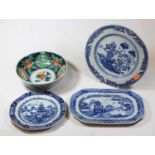 A 19th century Chinese export porcelain blue and white plate 24cm dia, together with two other
