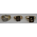 A 9ct gold and white sapphire set identity ring, size O, together with two other 9ct gold and