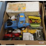 A box of assorted loose and playworn diecast and other toys, to include Tonka Jeep, tinplate