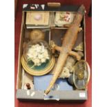 A box of miscellaneous items to include an Art Deco Jaeger perspex cased desk barometer (with