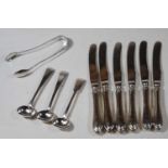 A collection of loose silver flatware, to include 19th century silver mustard spoons, sugar tongs,