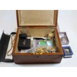 A Victorian satinwood box containing various costume jewellery, pre-decimal coinage, first day