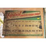 A Castrol Motor Oil prices from bulk tin sign, heavily worn example, depicting various prices from