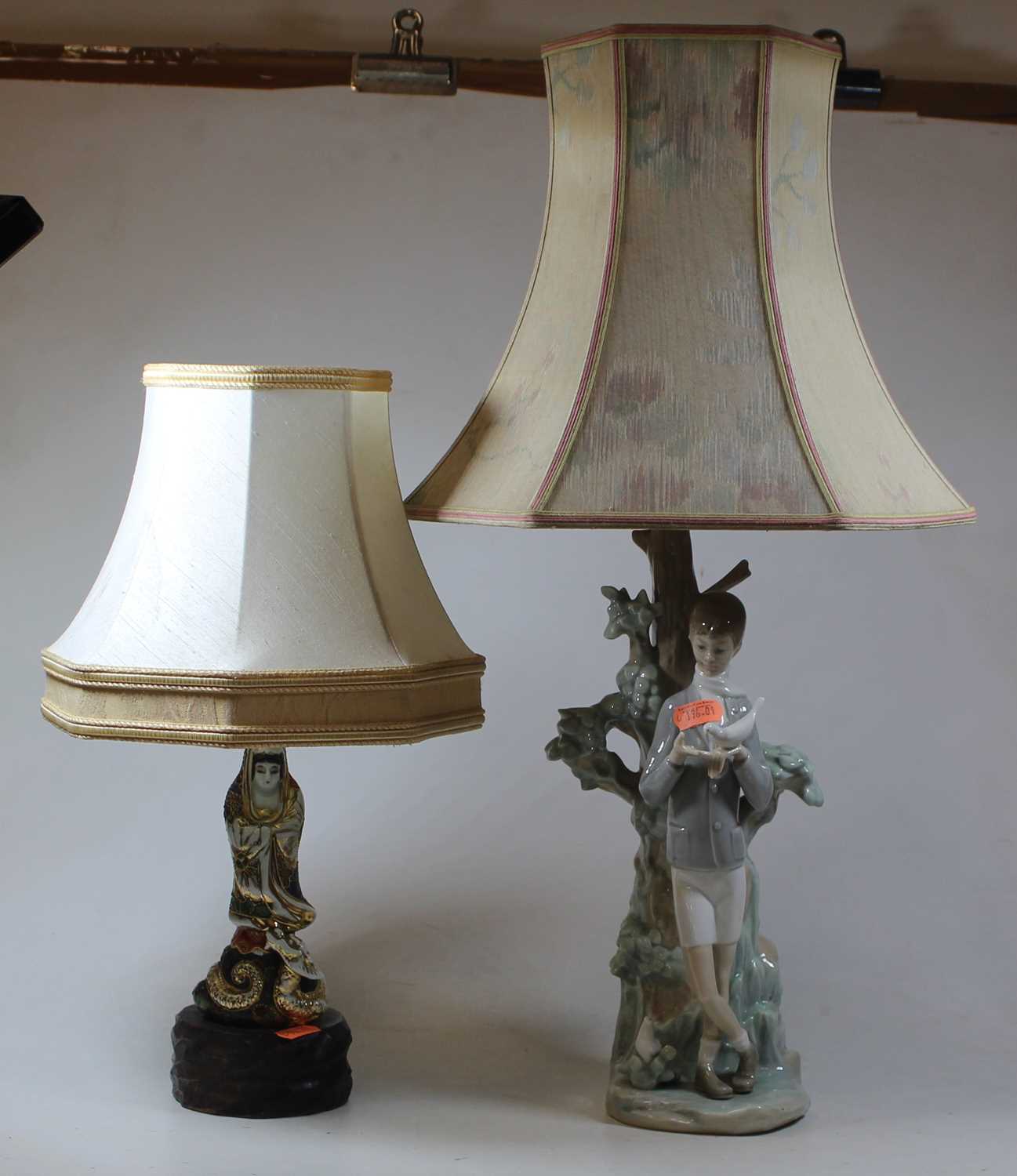 A Lladro Spanish porcelain figural table lamp h 54cm, together with a Japenese porcelain figural