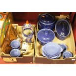 A collection of miscellaneous items to include blue glazed kitchen ware, brass figures and a