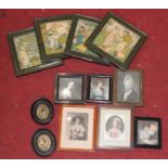 A collection of various portrait miniatures, pair silkworks etc (12)