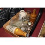A box containing a collection of vintage bottles, to include a stoneware Virol Bone Marrow jar