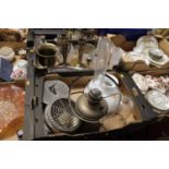 Two boxes of miscellaneous items, to include brass pedestal oil lamp, cut glass rose bowl etc