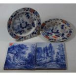 A pair of early 19th century Masons plates, together with a pair of 19th century French blue and