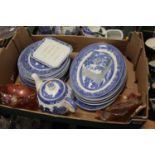 Three boxes of 'Old Willow' pattern ironstone tea and dinnerwares, to include Swinnerton's, Alfred