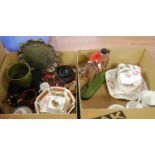 Two boxes of miscellaneous items, to include a silver plated card waiter, Wedgwood part tea service,