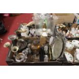 A box containing a collection of metalware, to include a silver plated salver, ships lantern