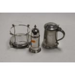 A silver plated sugar caster, plated wine bottle coaster, and a pewter hinged tankard (3)