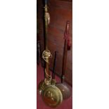 A brass standard lamp, together with a brass and iron chestnut roaster, and a copper warming pan (