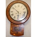 A Victorian tunbridge inlaid walnut drop dial wall clock, 63 x 42cm