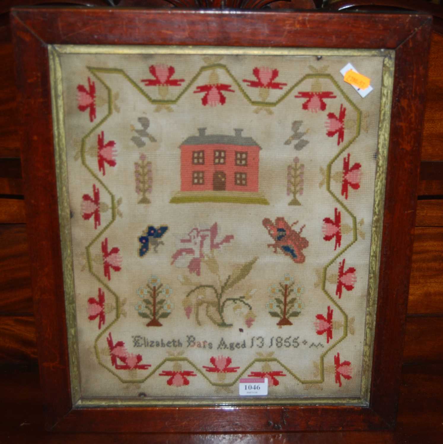 A mid-19th century needlework picture sampler, by Elizabeth Bars, aged 13, dated 1855, 39 x 32cm, in