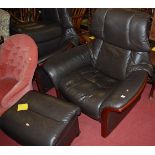 A pair of contemporary Stressless chocolate brown leather and hardwood framed armchairs, with