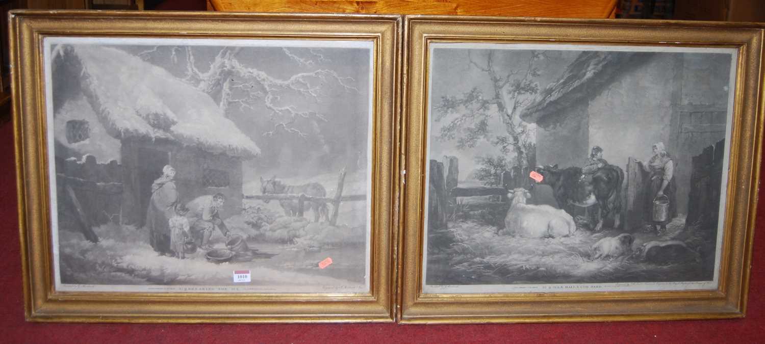 After George Morland - Pair; No.9 Breaking the Ice and Milkmaid & Cow-herd, monochrome engravings,